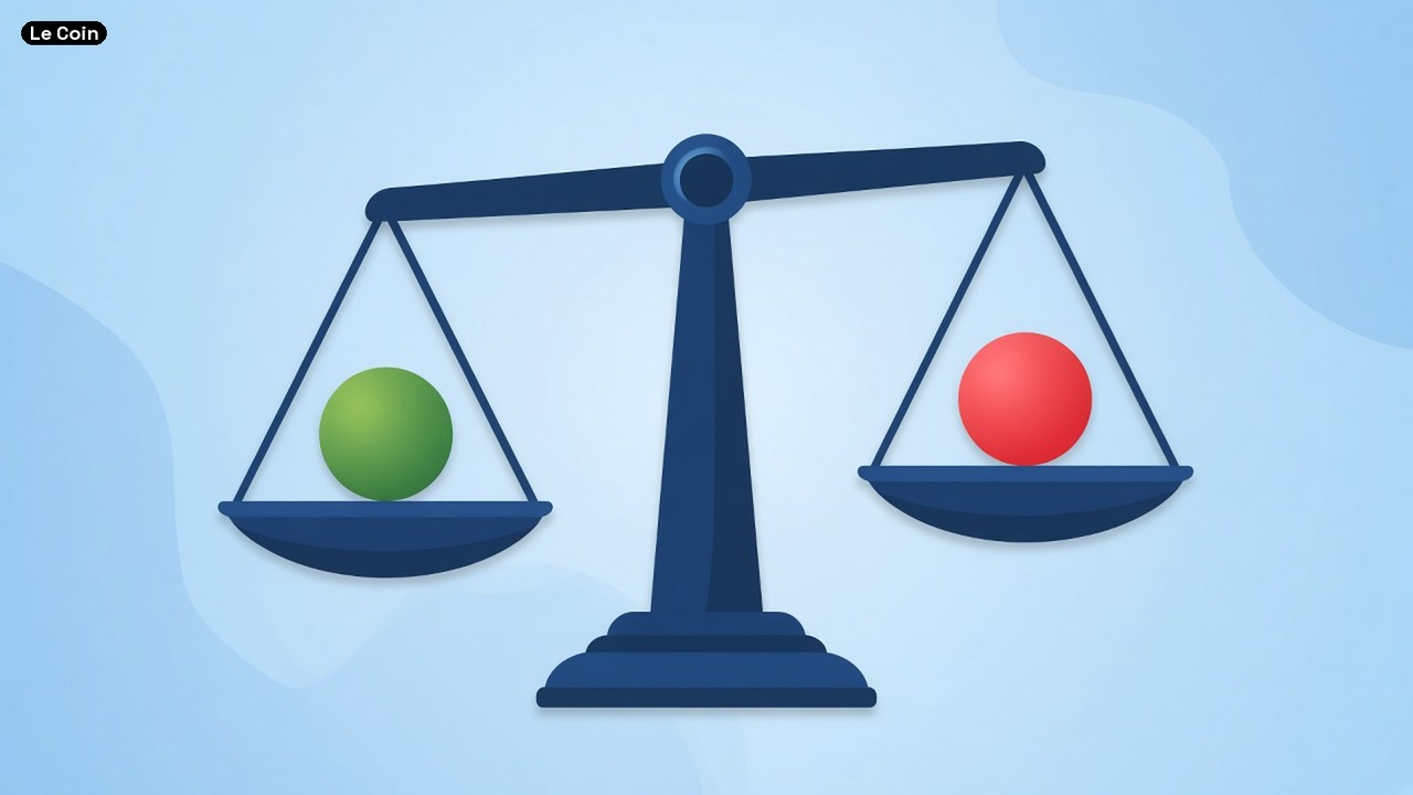 A blue balance scale on a light blue background holding a green ball and a red ball.