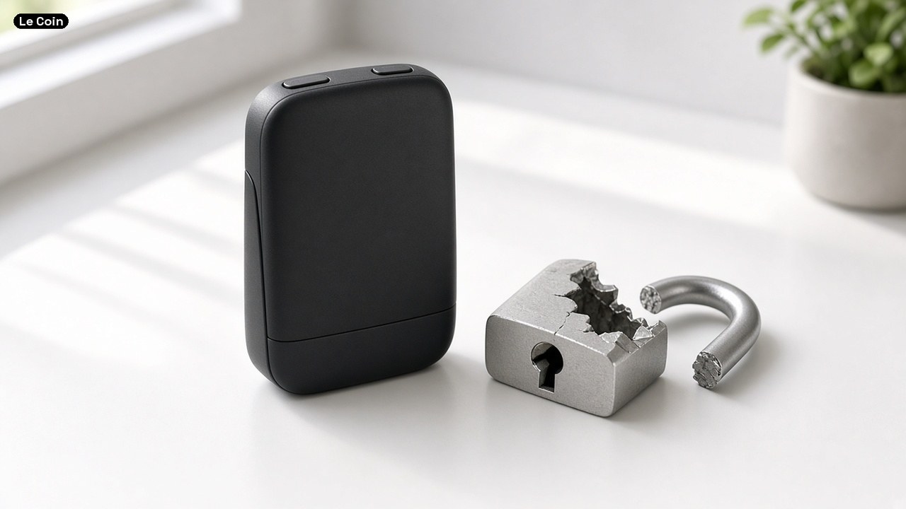 A small black hardware device beside a broken silver padlock, its shackle snapped off, on a white table.