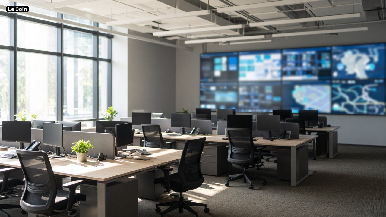 An empty open-plan office with rows of desks and monitors under large windows.