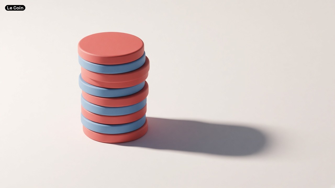 A stack of red and blue discs on a pale background.