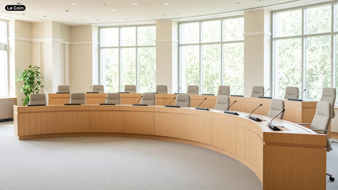 An empty hearing room with a curved wooden dais and chairs under tall windows.