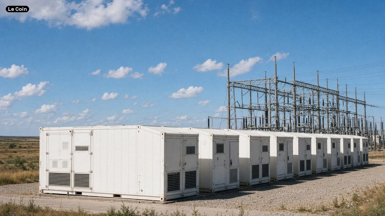 A row of white modular data-centre buildings beside an electrical substation under a bright blue sky.