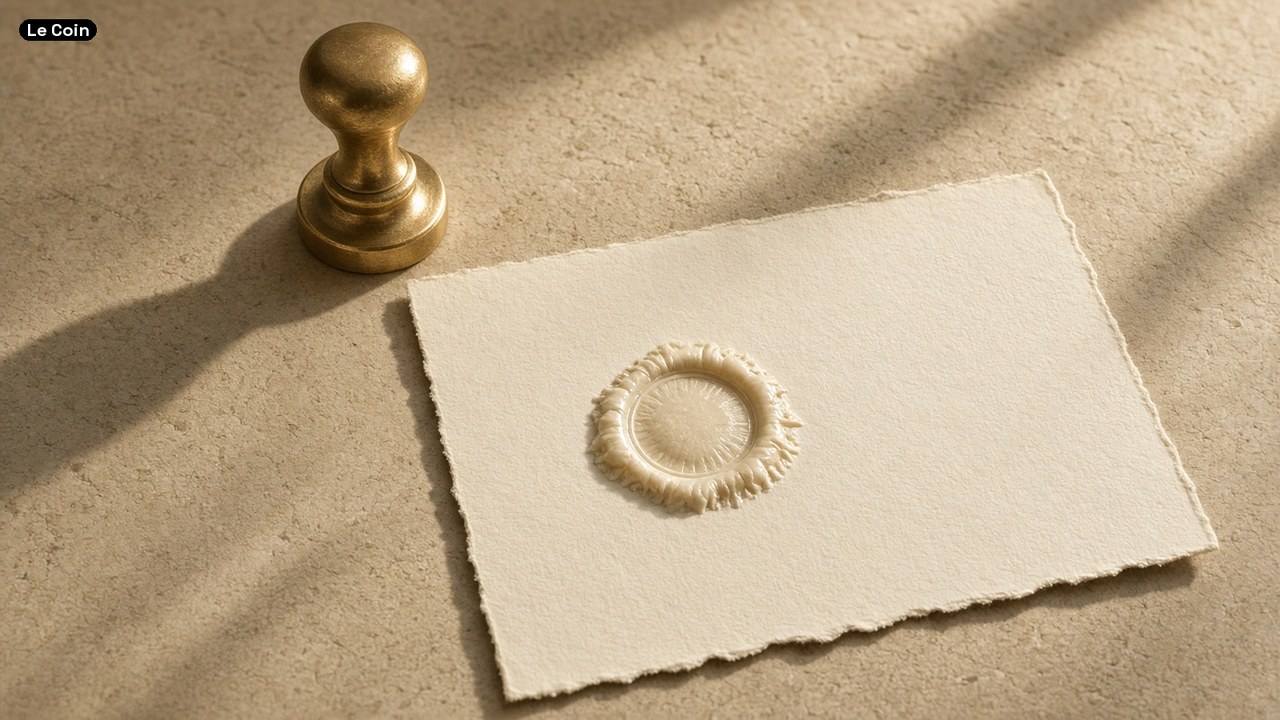 A brass wax-seal stamp beside a sheet of cream paper bearing a round wax seal.