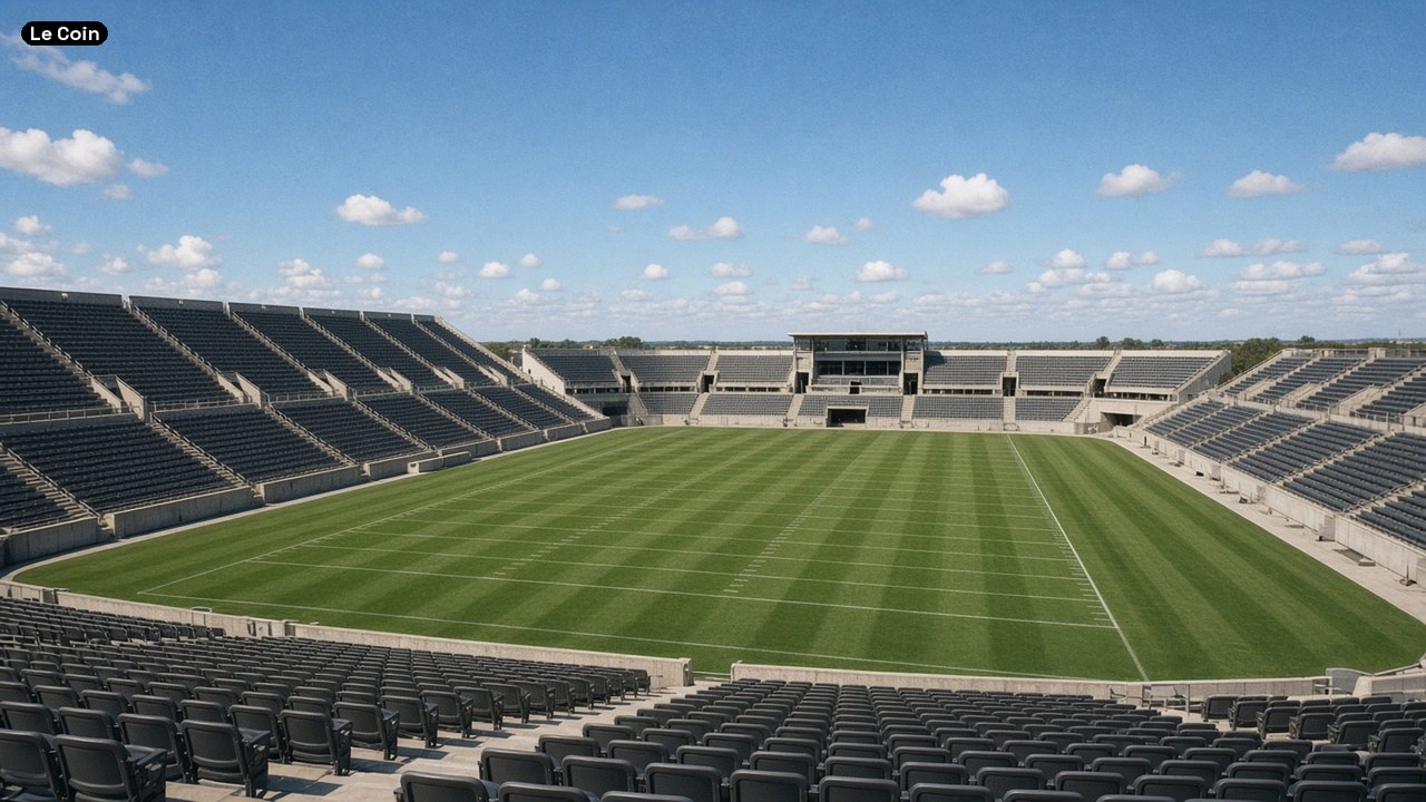 An empty football stadium with a green field and stands under a blue sky.