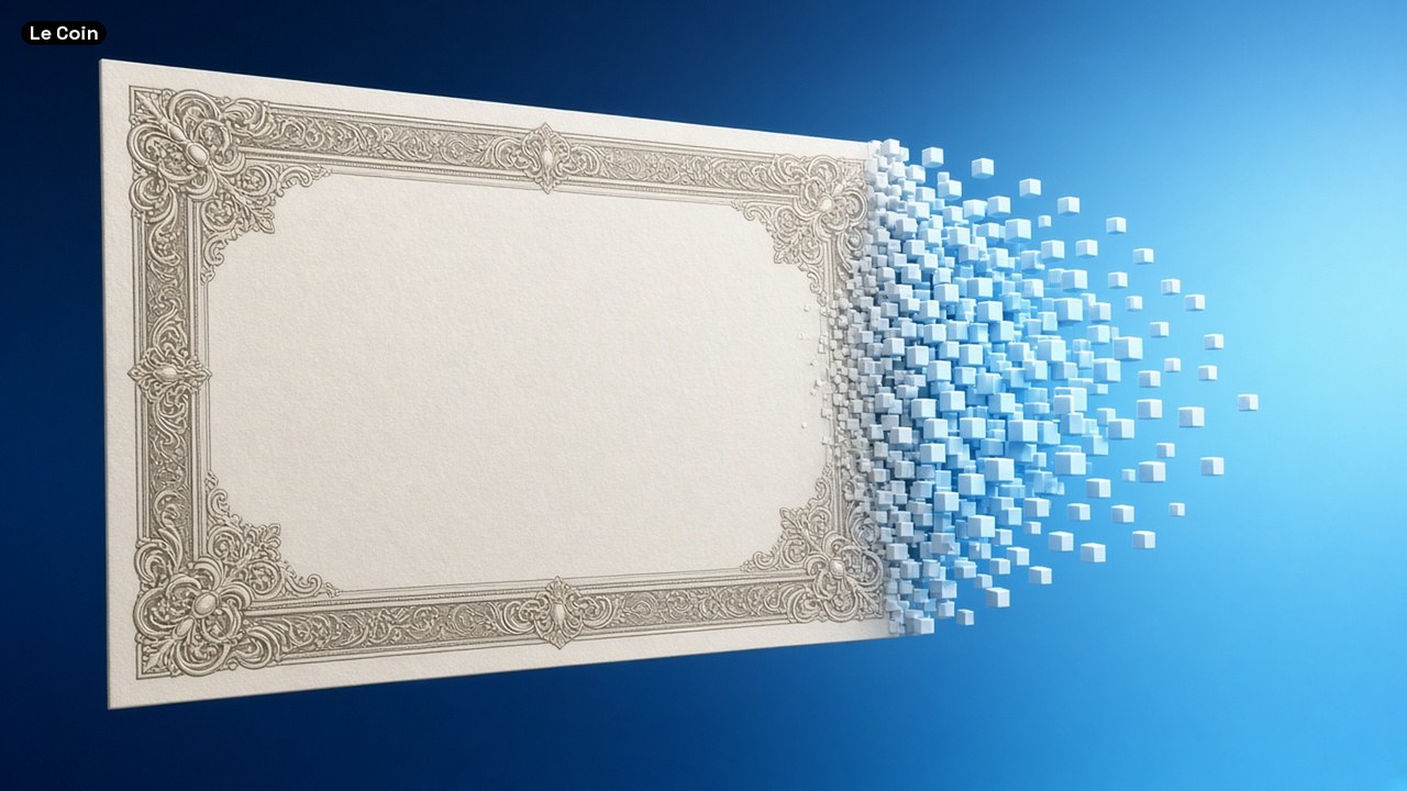 An ornate framed certificate dissolving into blue particles on one side.