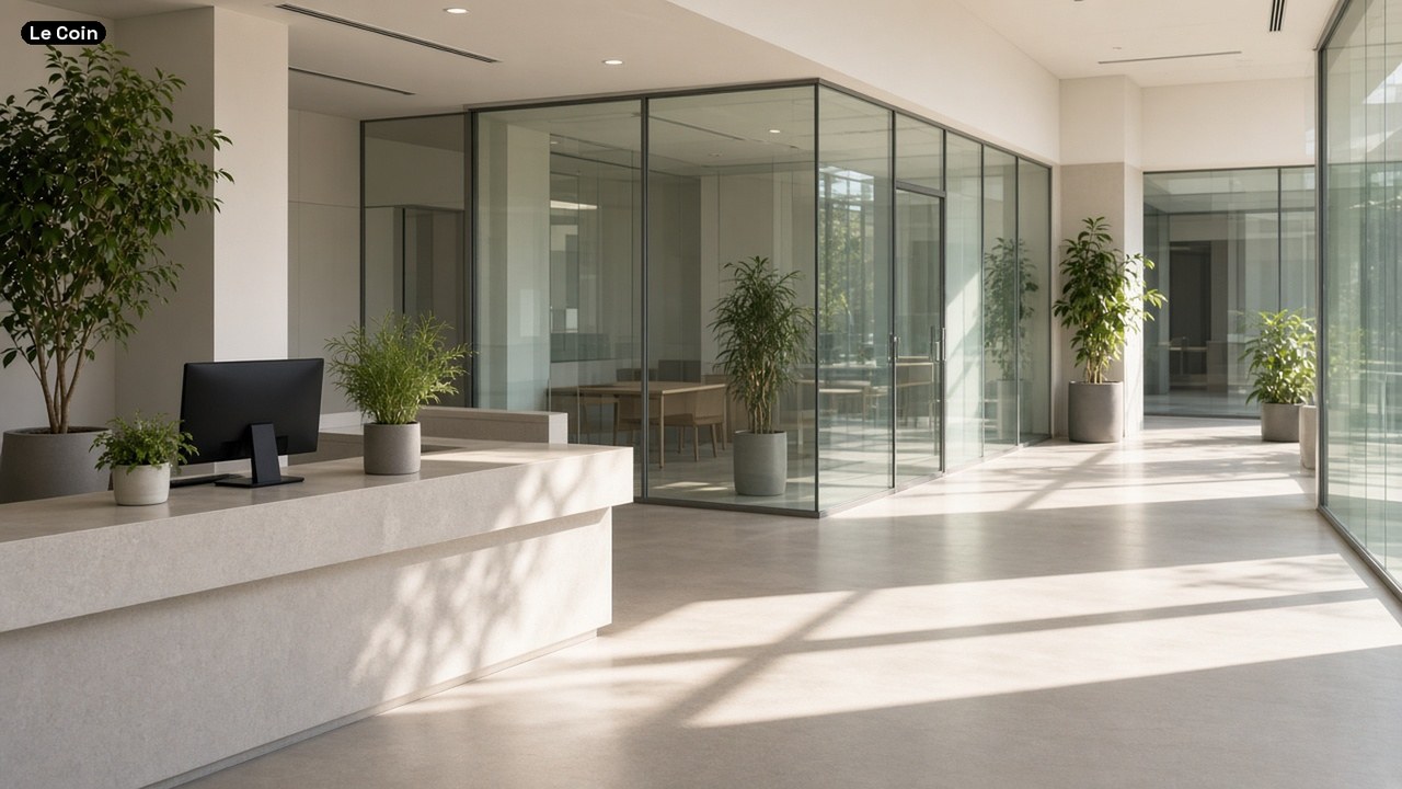 A bright, empty modern bank lobby with a white counter, plants and glass offices.
