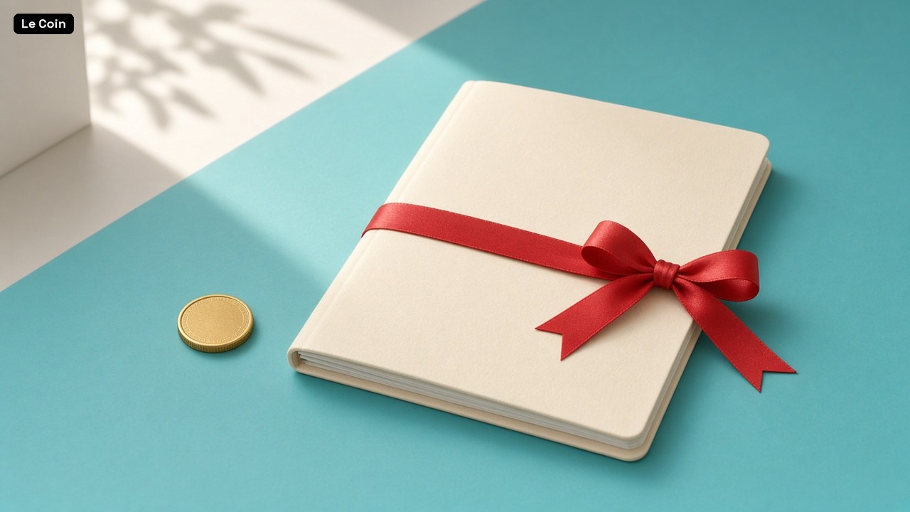 A cream folder tied with a red ribbon bow on a teal surface, with a single gold coin beside it.