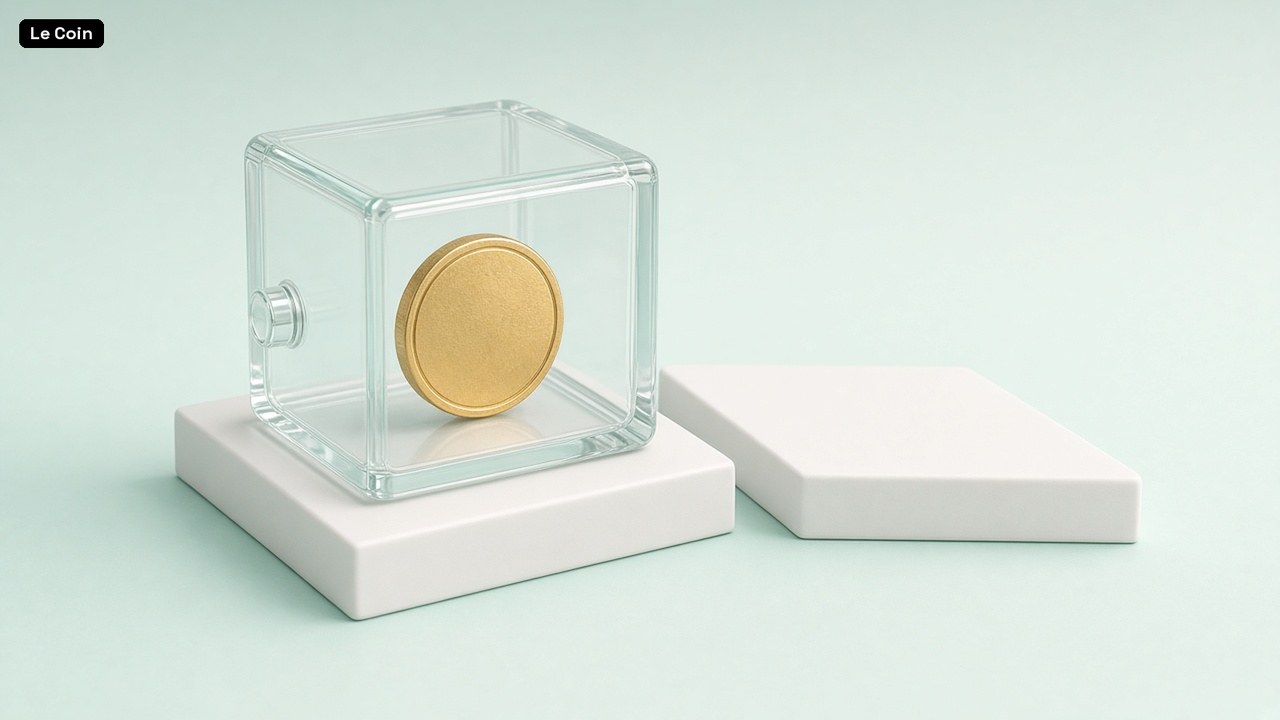 A gold coin locked in a clear glass cube on a white platform beside a second, empty platform.