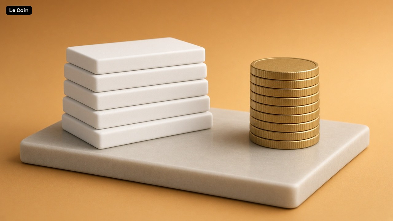 A stack of white tiles and a stack of gold coins side by side on one stone slab against an amber backdrop.