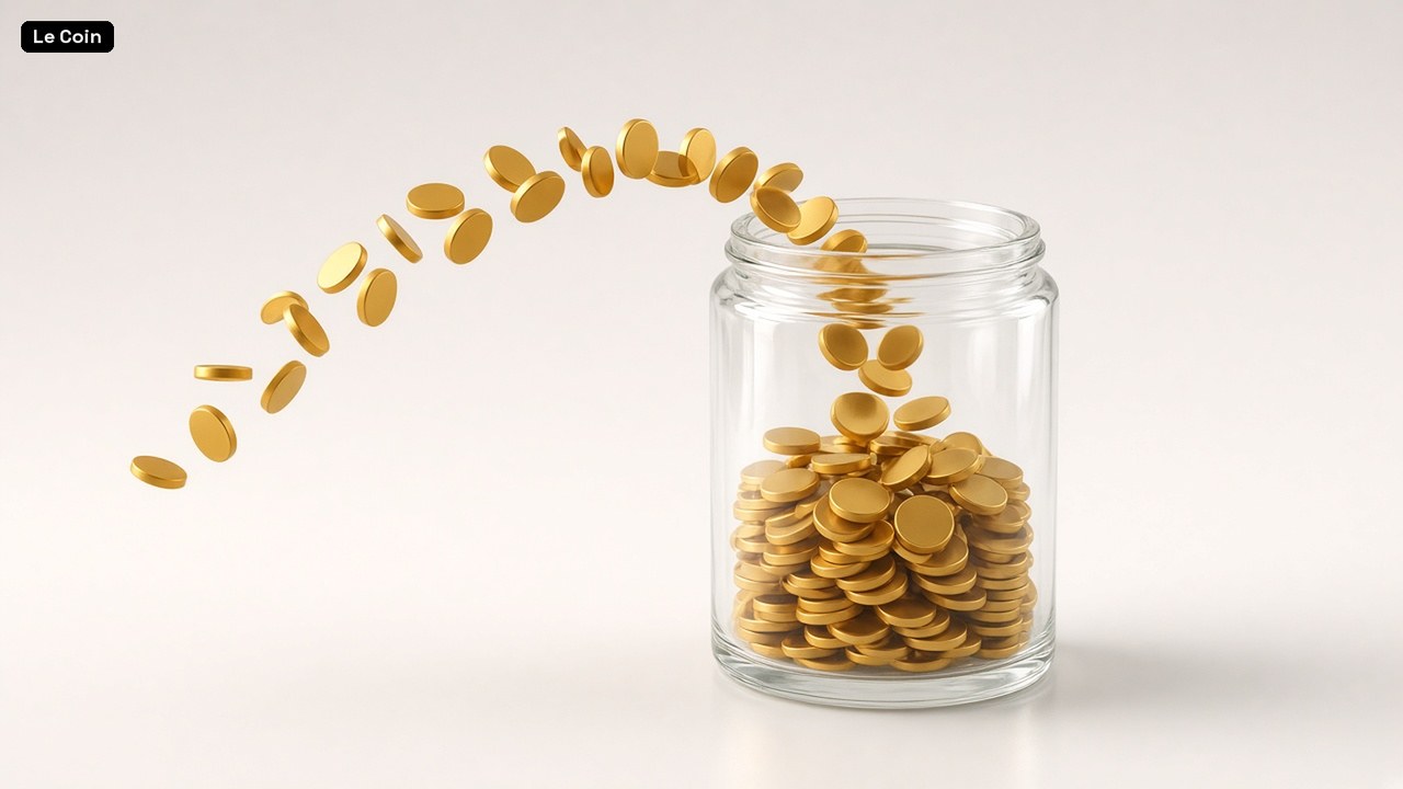 A 3D render of plain gold coins arcing through the air into a glass jar on a white background.