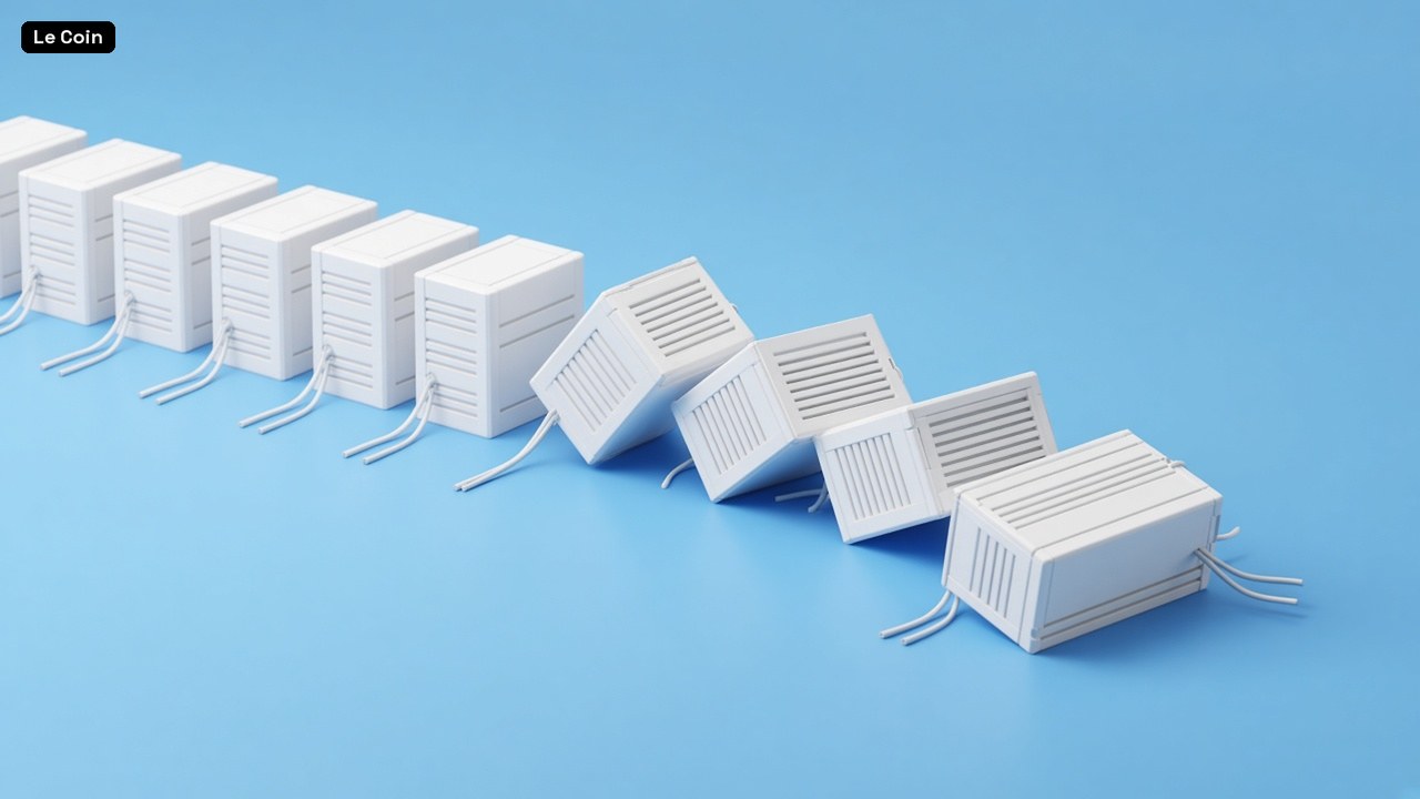 A row of white server blocks with loose cables, several tipped over, on a blue surface.