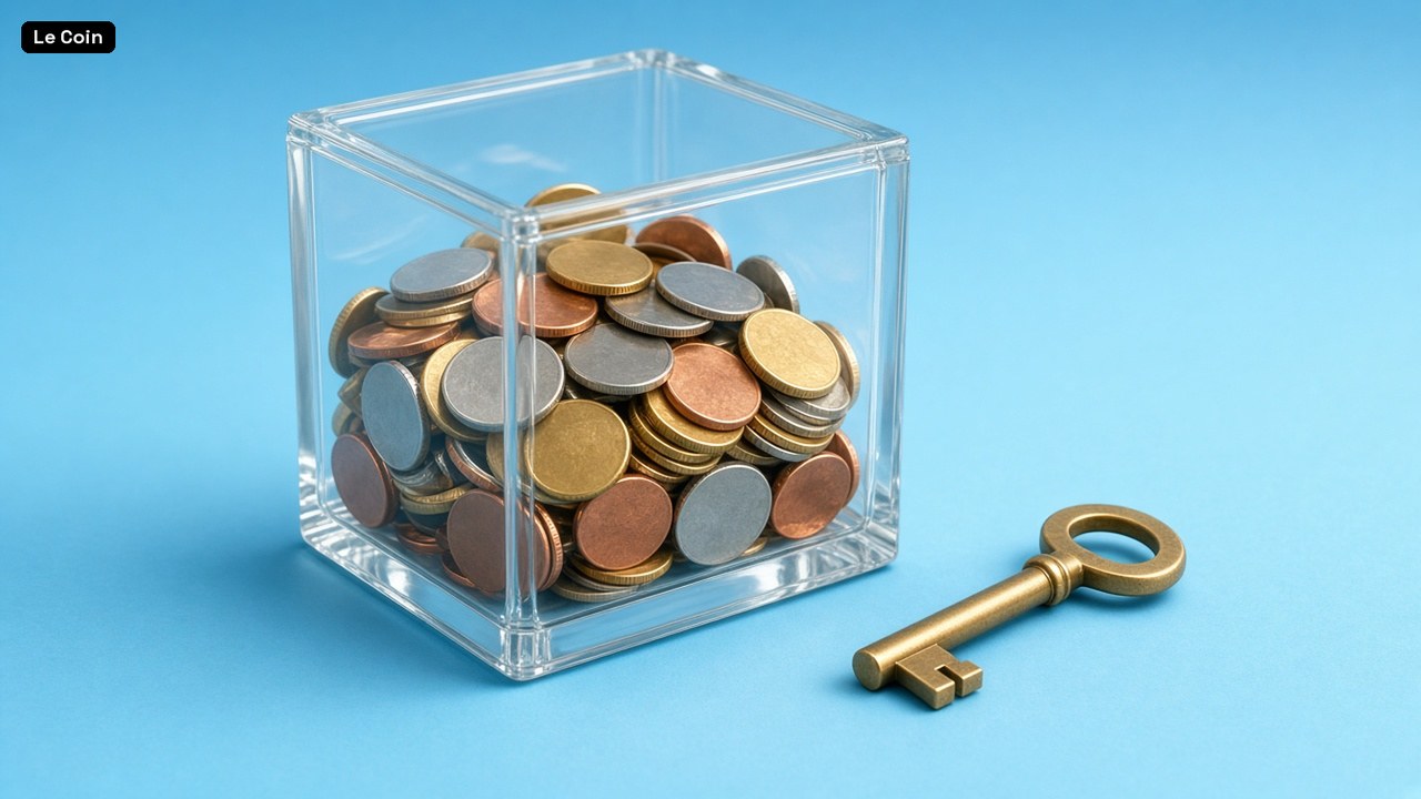 A clear glass box of mixed gold, silver and copper coins with a brass key beside it on a sky-blue surface.
