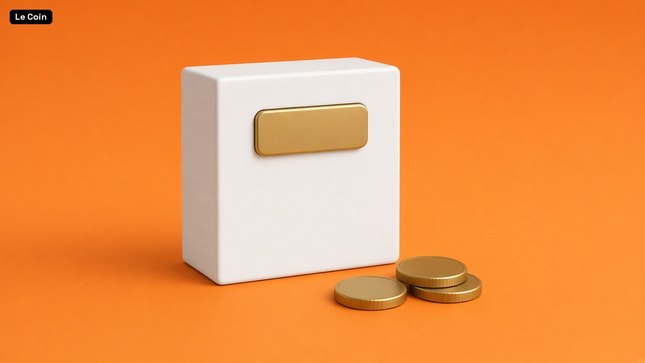 A white box with a blank brass plate on the front, beside three gold coins, on an orange surface.