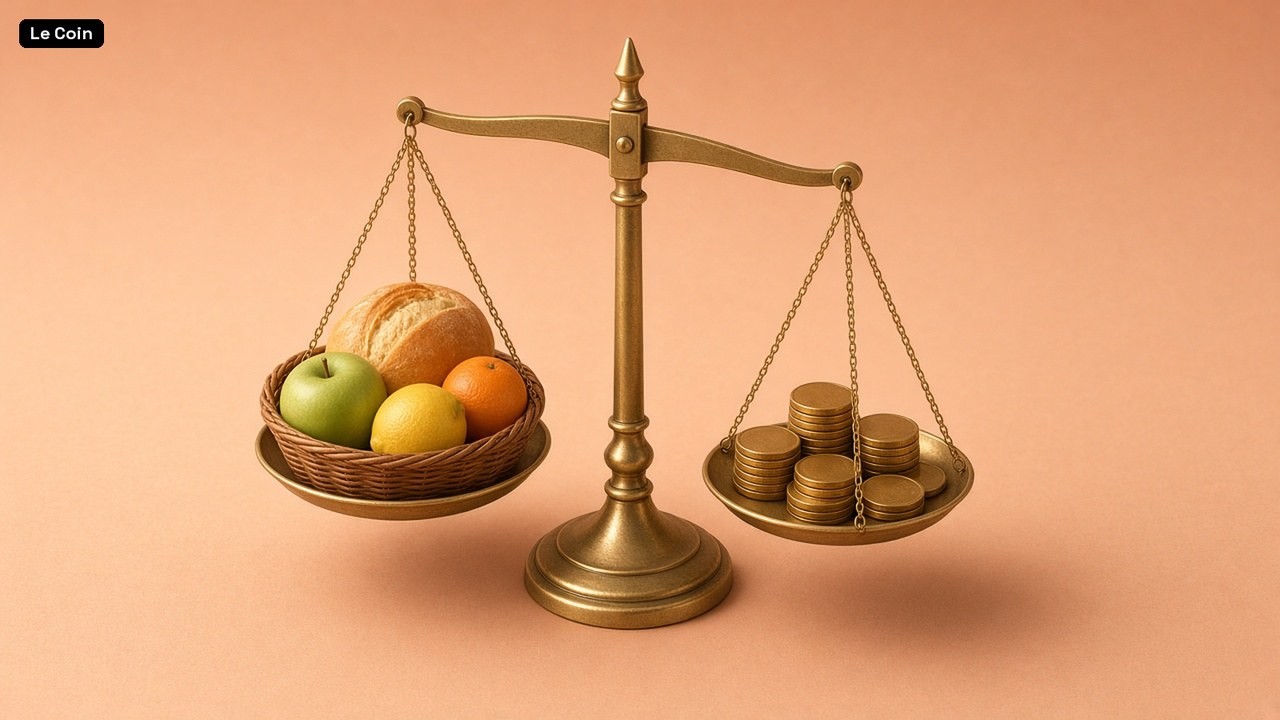 A brass balance scale weighing a basket of groceries against stacks of gold coins on a peach surface.