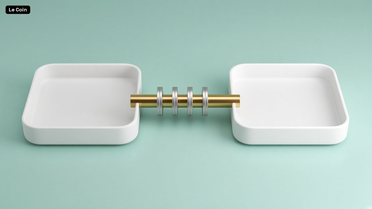 Two white trays joined by a brass rail carrying silver coins, on a mint-teal surface.