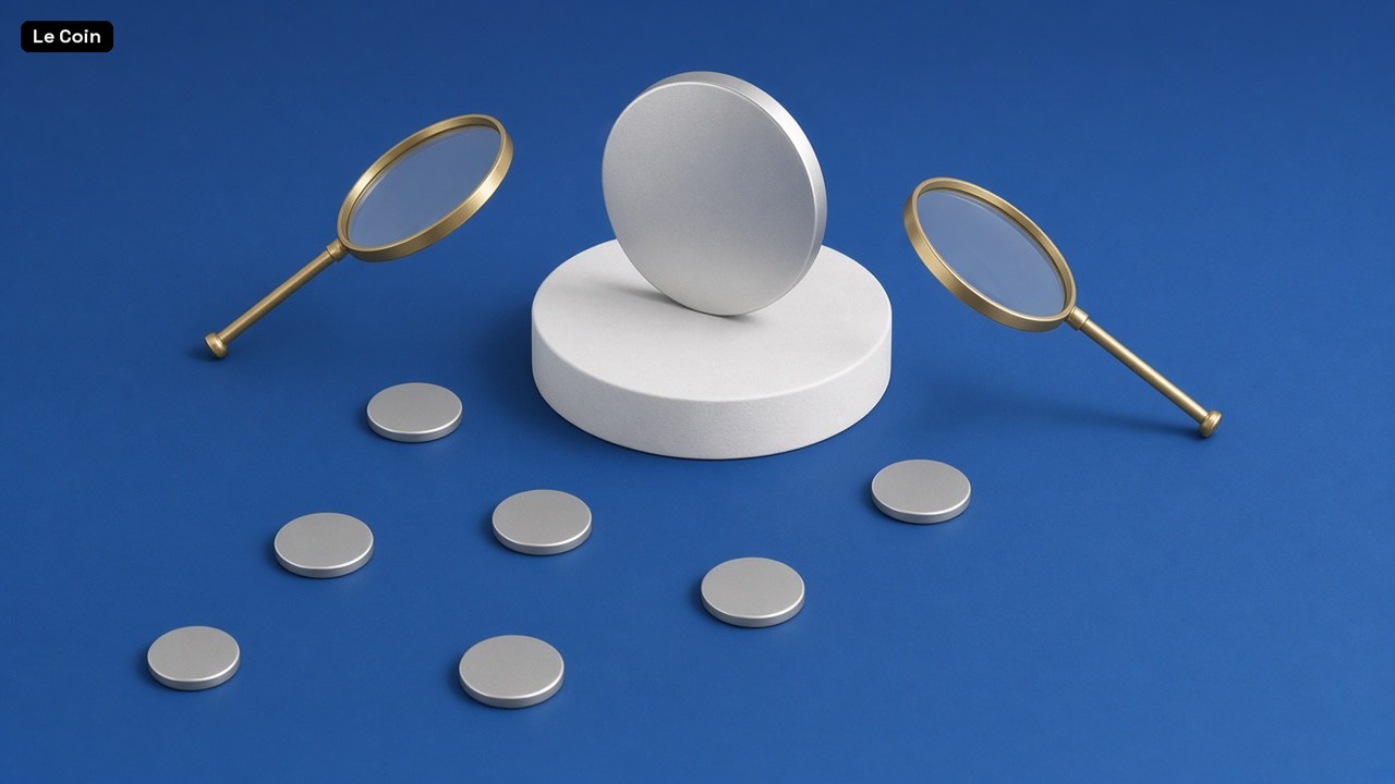 One silver coin on a white pedestal between two magnifying glasses, with smaller plain discs scattered in front, on a blue surface.