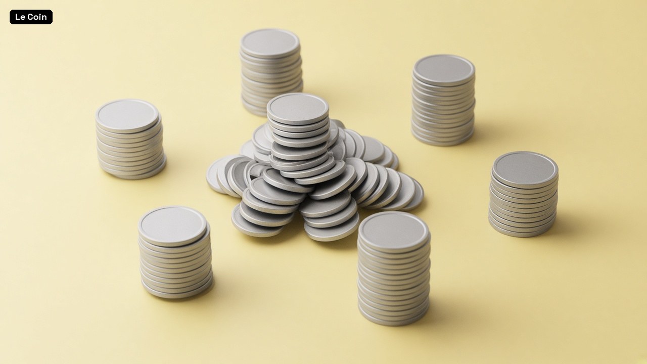 A pile of plain silver coins spread out into several neat stacks on a pale-yellow surface.