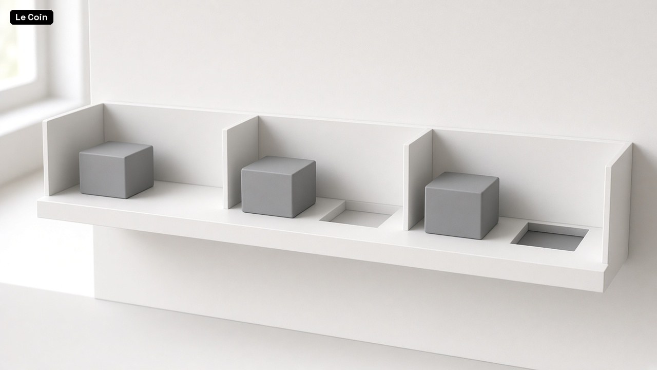 A white display shelf holding plain grey cubes, with some slots left empty.