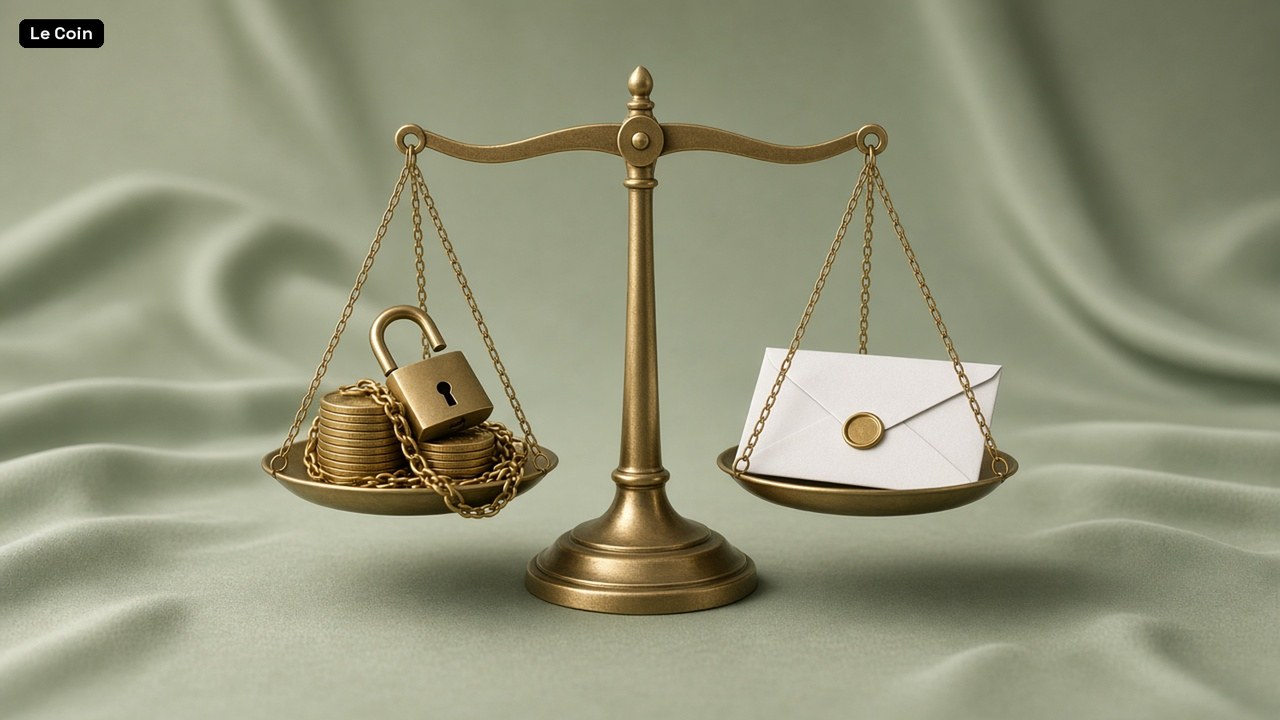 A level brass balance scale on sage-green fabric, with plain coins wrapped in a chain and an open padlock in one pan and a sealed white envelope in the other.