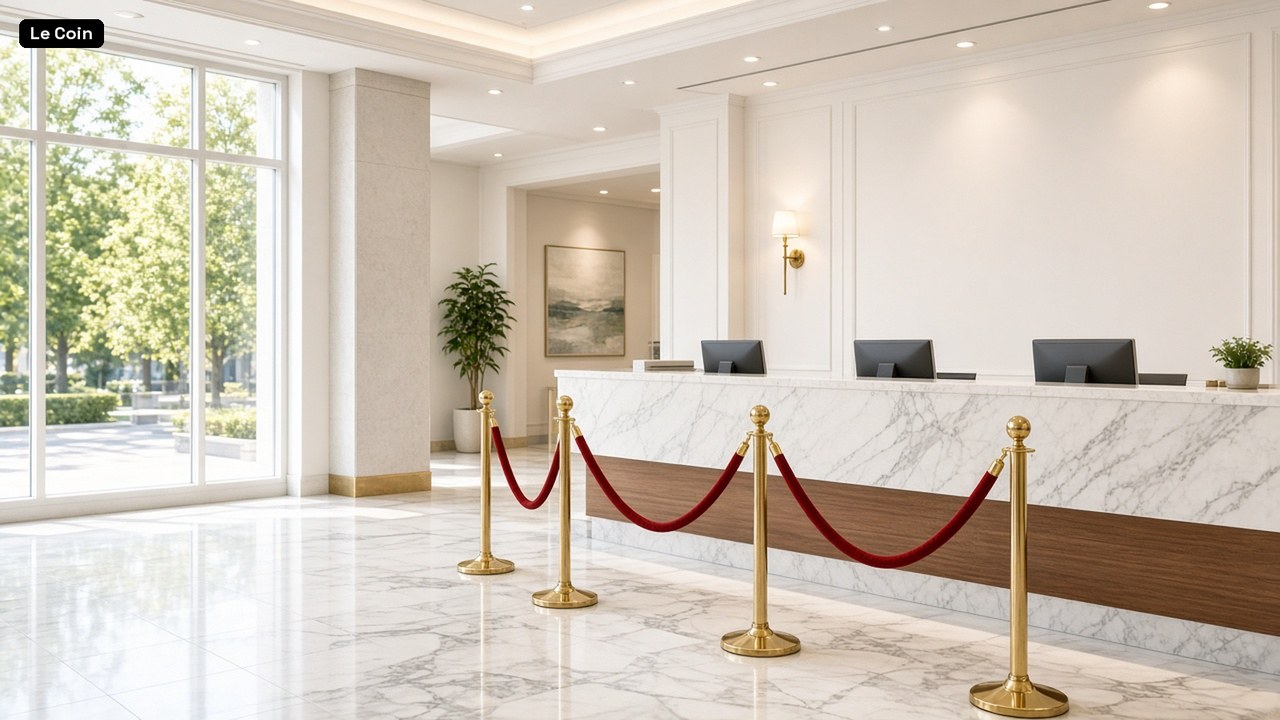An empty bank lobby with a white marble counter and three computer screens, brass posts joined by red velvet ropes in front of it, and tall windows onto trees.