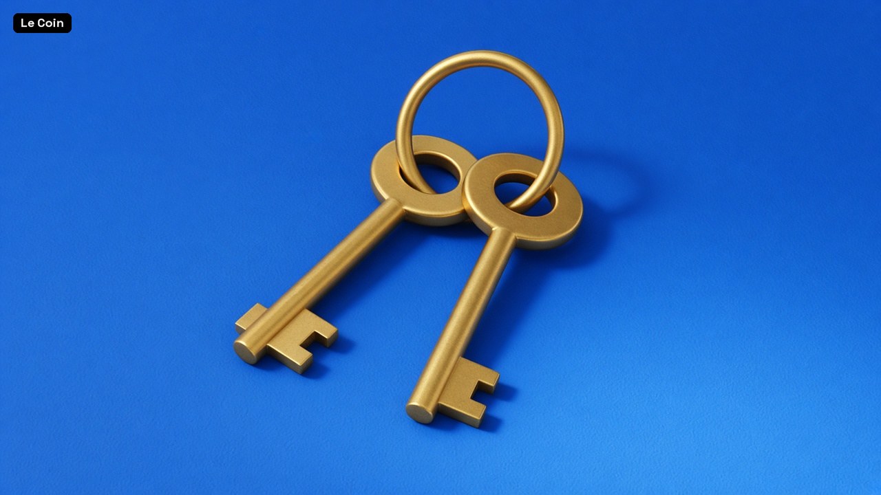 Two brass keys joined on one ring against a cobalt-blue surface.