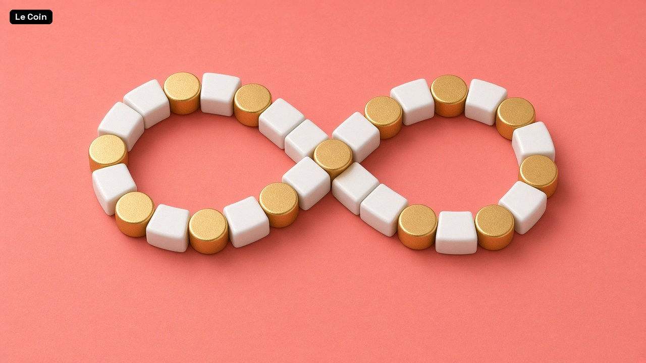White tiles and gold coins alternating in an infinity loop on a coral-pink surface.