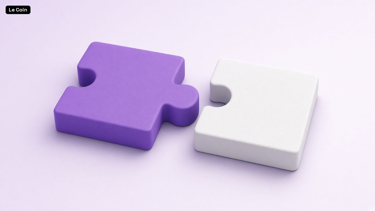 A violet and a white puzzle piece about to fit together on a lavender surface.
