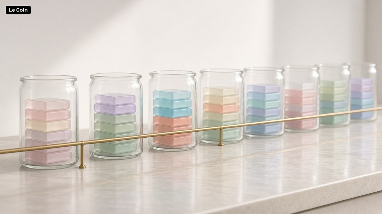 A row of clear glass jars of stacked pastel tiles on a pale stone counter, with a thin brass rail running in front of them.