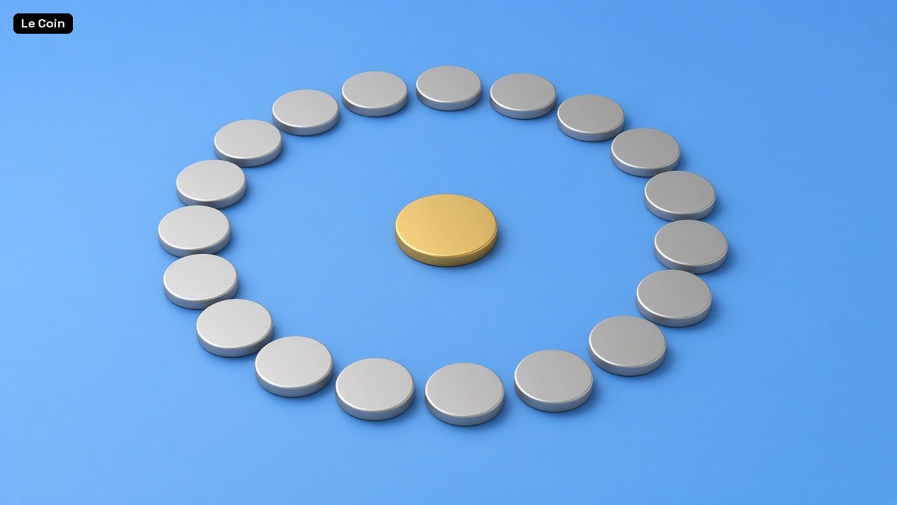 A ring of silver coins around a single gold coin on a blue surface.