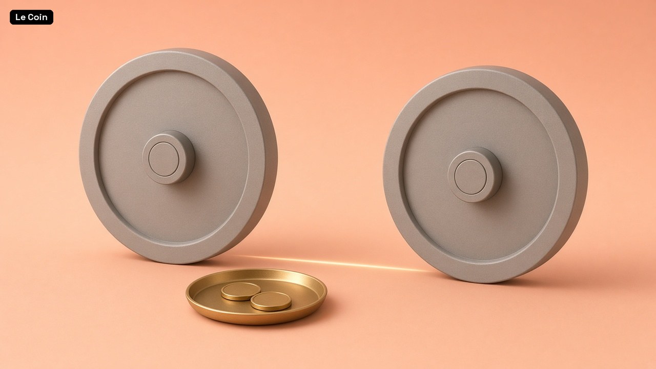 Two round grey vault doors on a peach surface, with a brass tray holding two plain gold coins in front of one door and a thin line of light running between them.