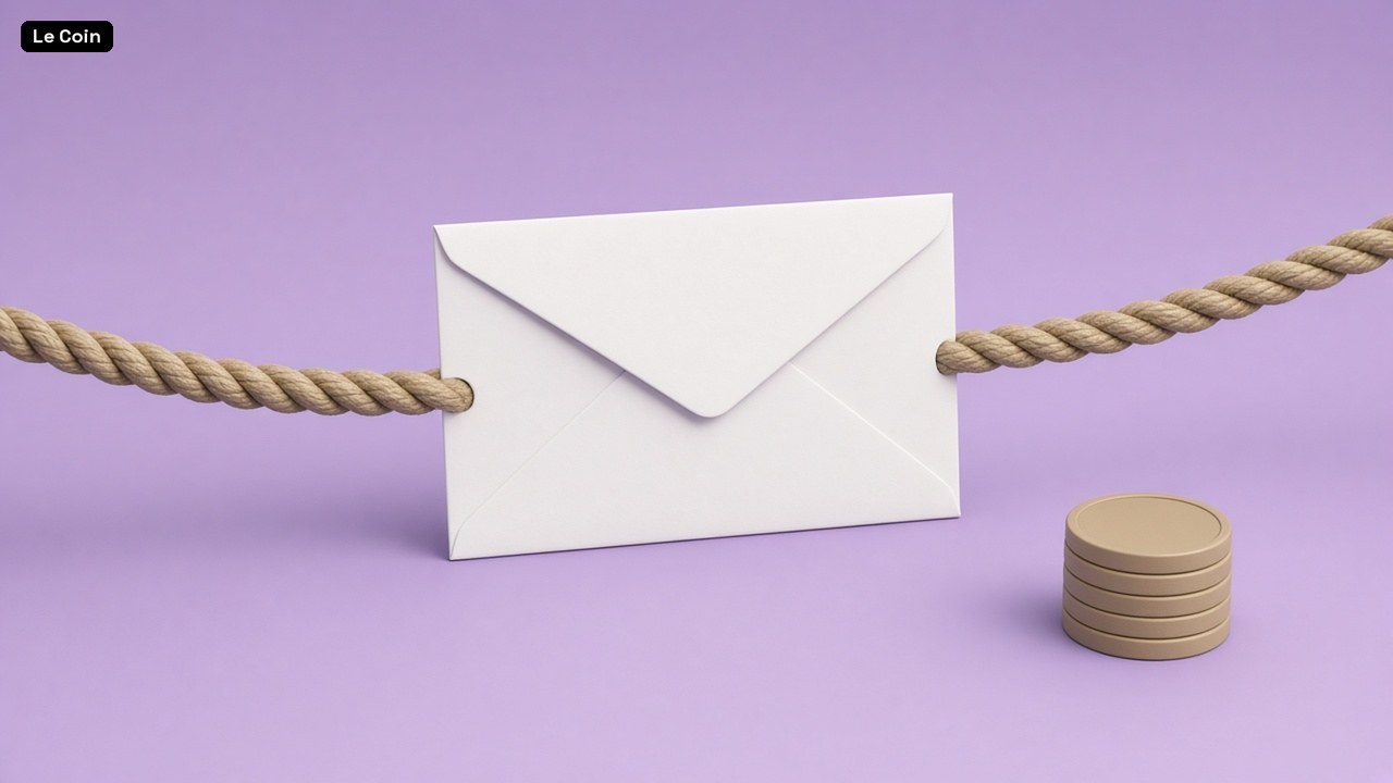 Two ropes pulling a white envelope from opposite sides, next to a small coin stack on a lilac surface.