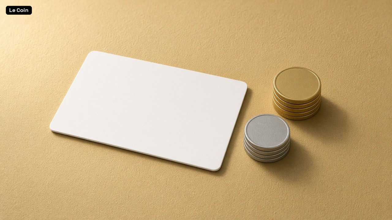 A blank white bank card beside a stack of gold coins and a stack of silver coins on a sand-gold surface.