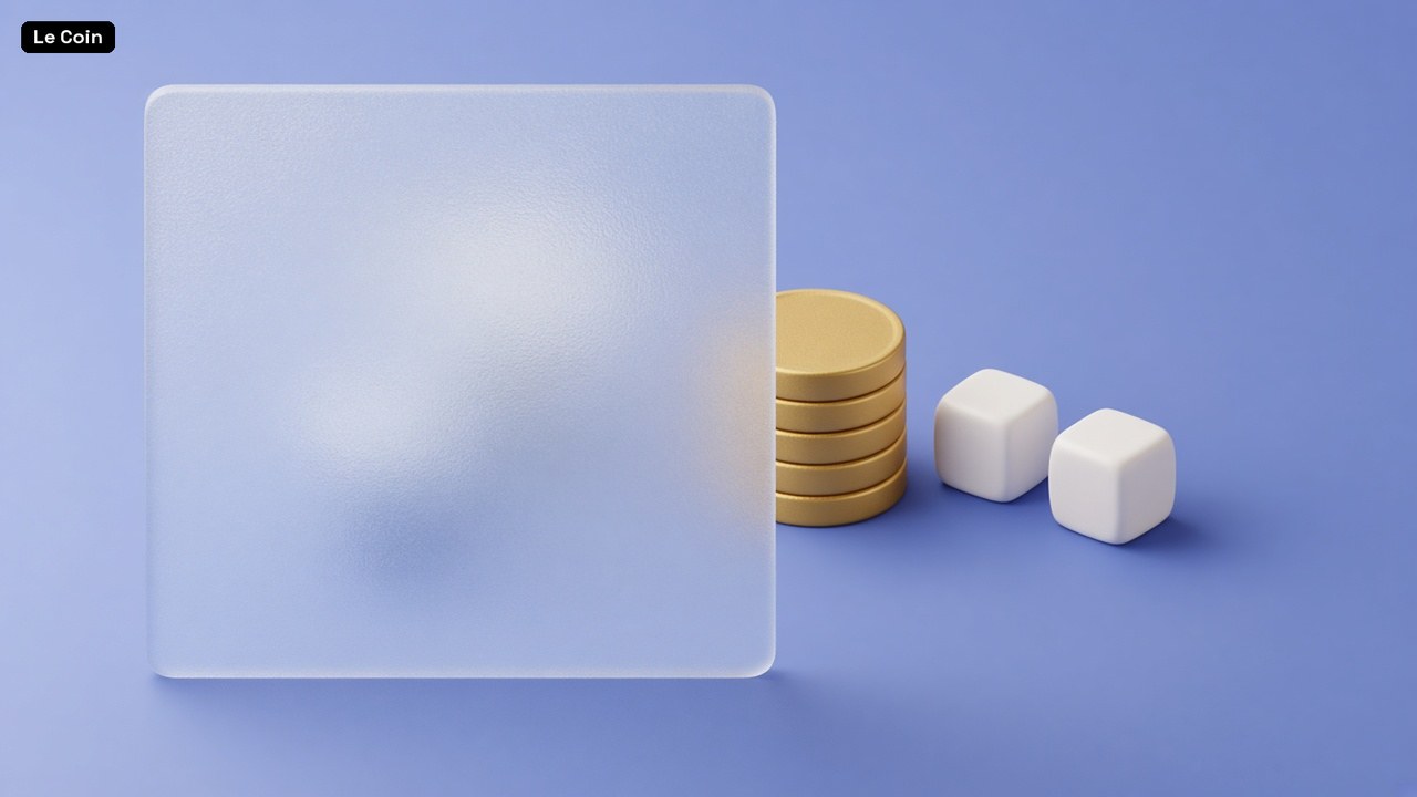 A frosted-glass screen partly hiding a stack of gold coins beside two blank white dice on a periwinkle surface.