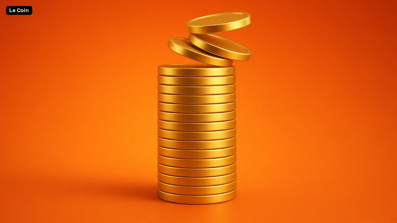 A stack of gold coins on an orange background.