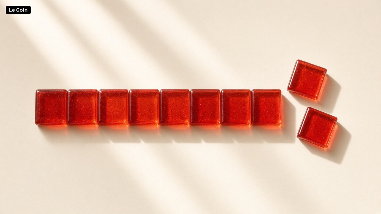 A row of red-orange glass tiles on a sunlit cream surface, with two loose tiles waiting at one end.