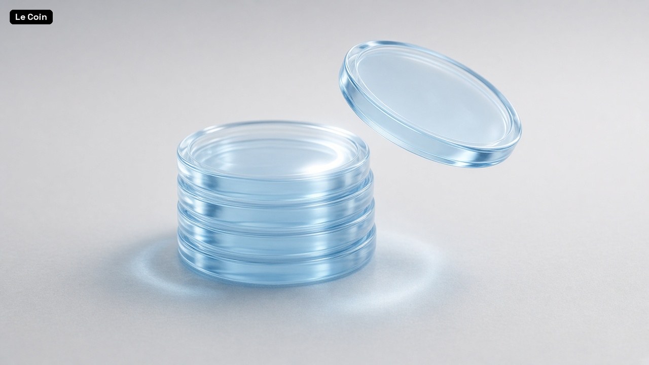 A stack of clear pale-blue glass discs on a light-grey surface, with one disc lifted away above it.
