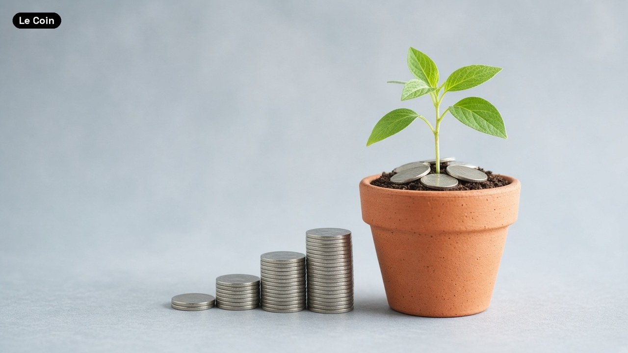 A green seedling grows from a terracotta pot topped with coins, beside four stacks of plain coins that rise in height on a pale grey background.