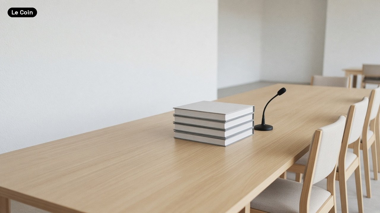 A long, empty oak hearing table with a stack of bound documents and a single desk microphone, lined with pale chairs in a bright white room.
