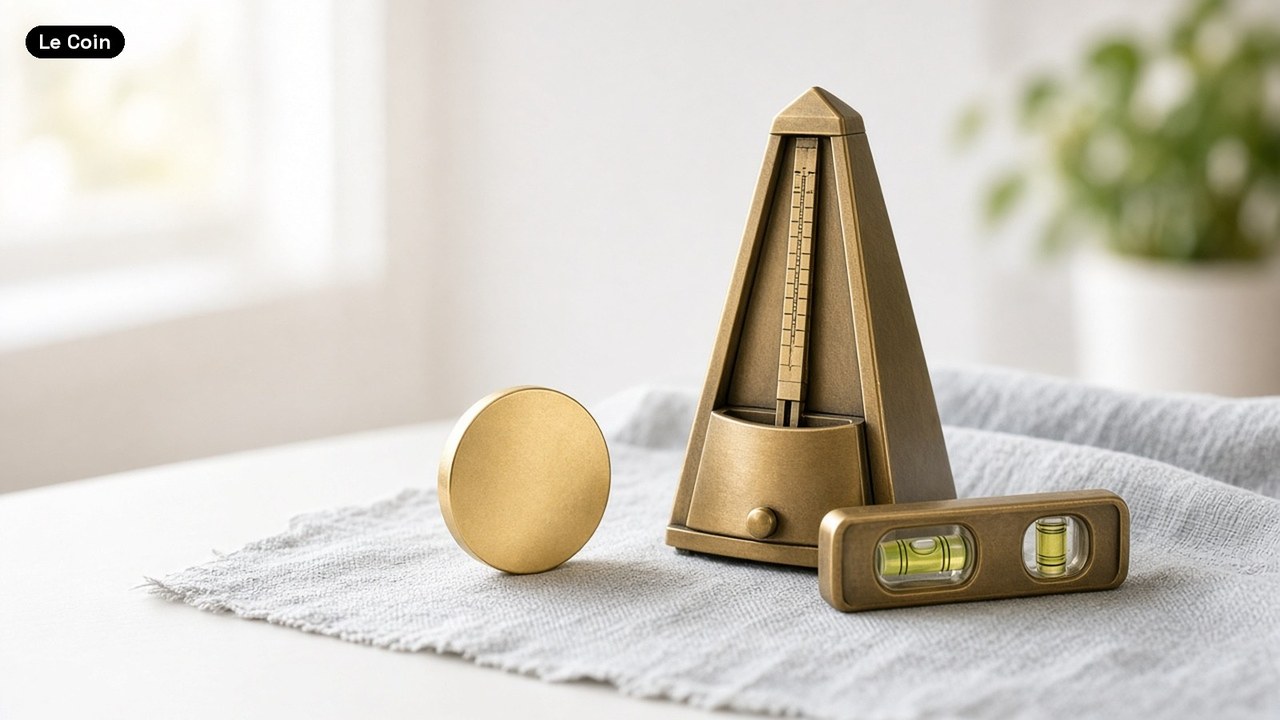 A blank brass coin stands on its edge beside a brass metronome and a small spirit level on grey linen in soft daylight.