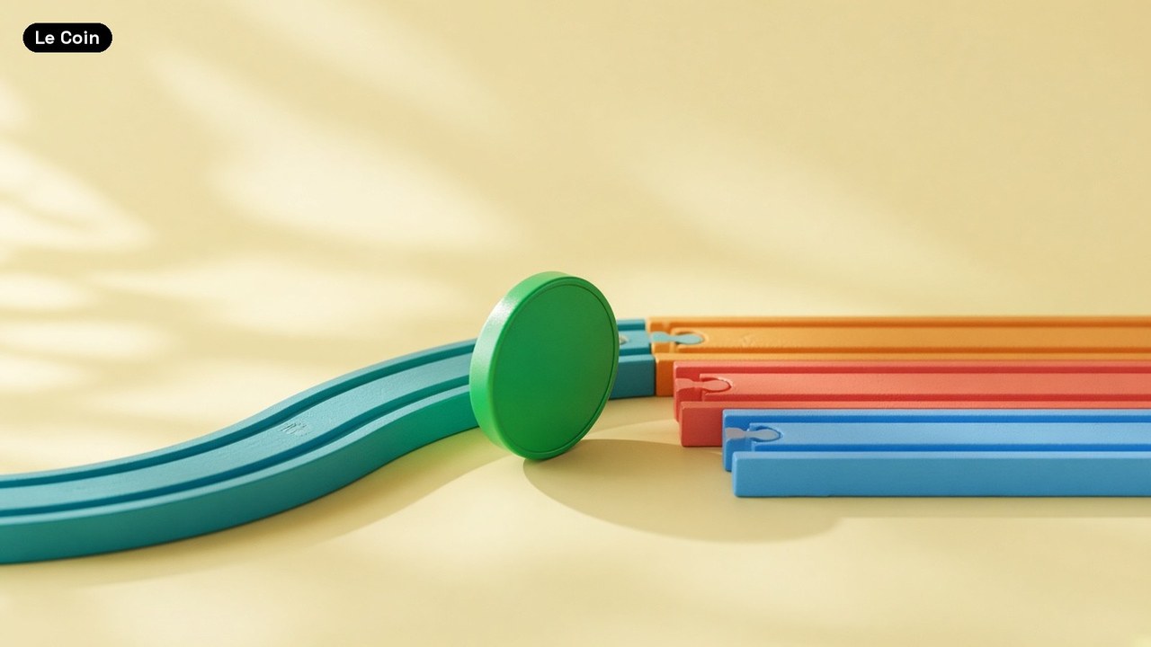 A plain green coin stands on a curved teal toy rail where it meets three straight rails in orange, coral and blue, on a pale-yellow background.