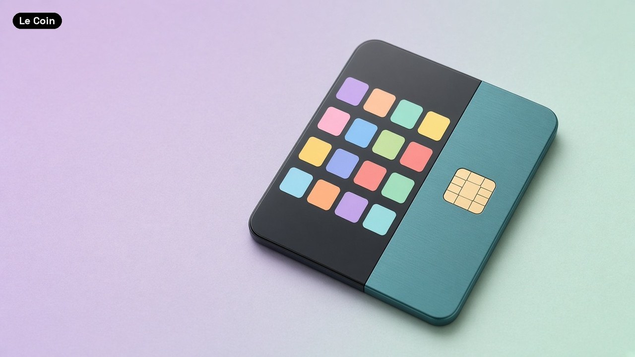 A phone-shaped slab split in two, with colored squares on a dark half and a gold chip on a teal metal half, on a lilac-to-mint background.