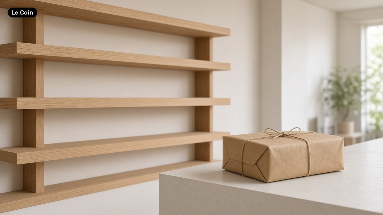 Empty oak display shelves in a bright shop, with a single parcel wrapped in brown paper and twine on the counter.