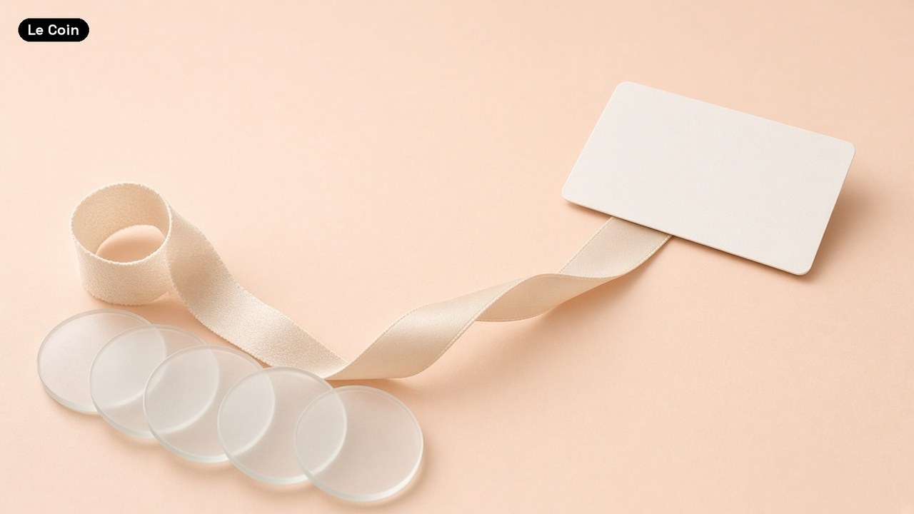 A cream ribbon loops past a row of frosted glass discs and ends at a blank white card on a peach background.