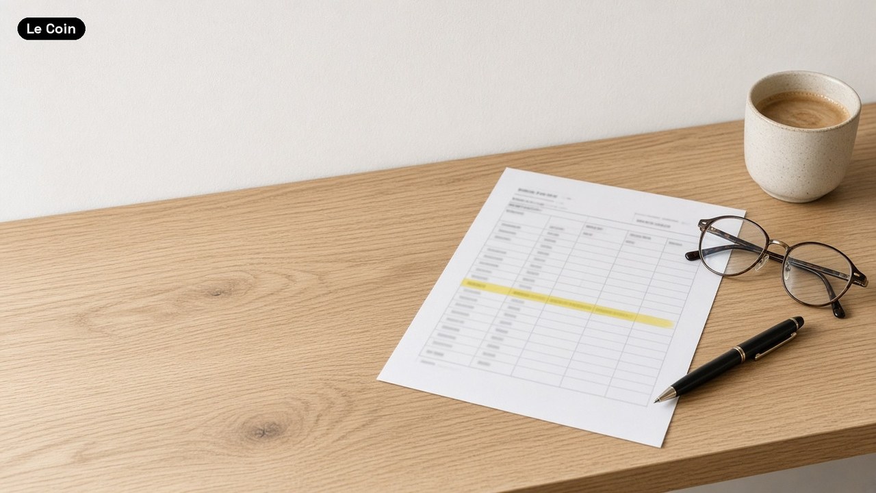 A printed table with one row highlighted in yellow lies on a light oak desk beside reading glasses, a black pen and a cup of coffee.