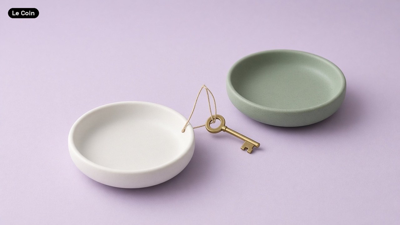 A small brass key on a loop of twine rests between a white ceramic dish and a sage-green one on a lavender surface.