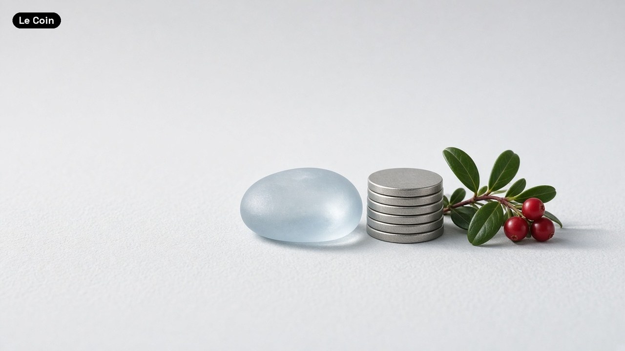 A pale blue frosted glass pebble beside a short stack of plain silver coins and a sprig of lingonberries on a white background.