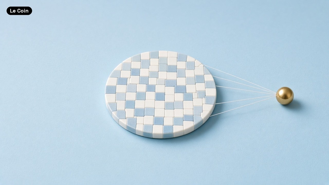 A round disc of white and pale-blue tiles with thin white threads running from its edge to a small brass ball, on a light-blue background.