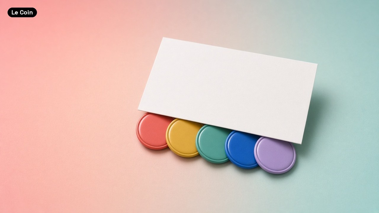 Five plain coins in coral, yellow, green, blue and lilac sit in a row under a blank white card on a coral-to-teal background.