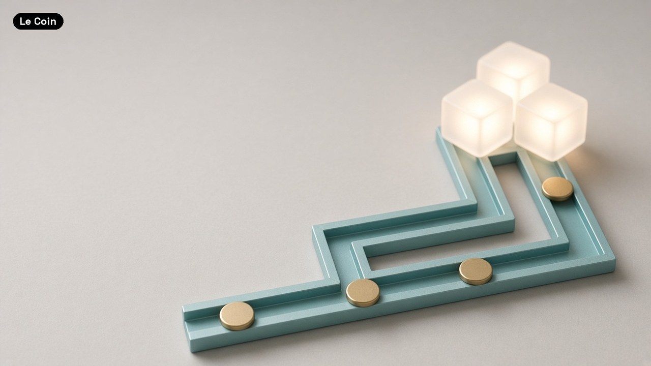 Blank gold discs sit along a stepped teal track that leads to three softly lit frosted cubes on a light grey background.