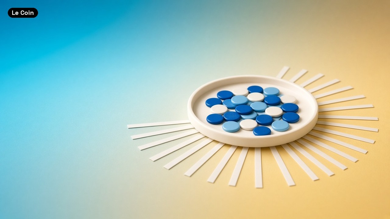 A white tray of plain blue and white coins with thin paper strips fanning out around it on a turquoise-to-gold background.